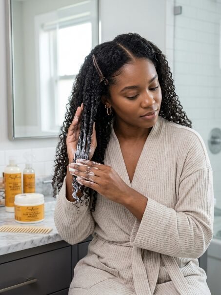 A woman in a robe applying white hair mask product to her long, dark, curly hair in a bright bathroom.