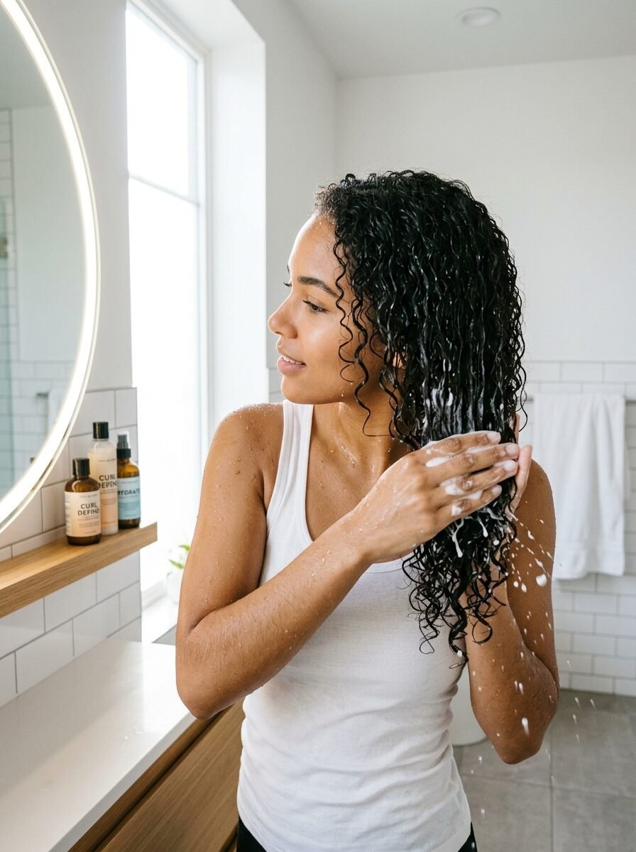 A woman in a white tank top working styling foam into her damp, curly hair in a bright bathroom.