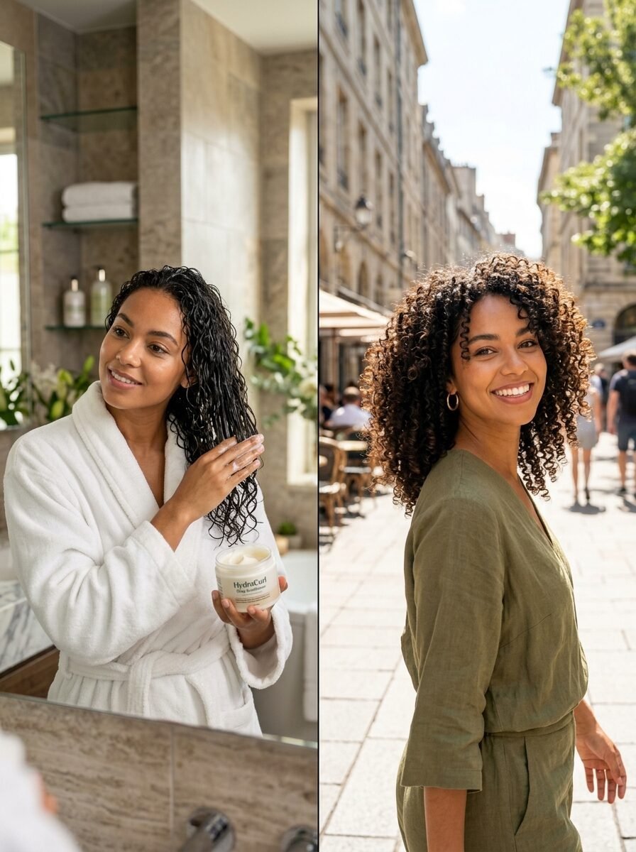 Split view showing a woman applying hair mask in a bathroom and her finished curly hair style on a city street.