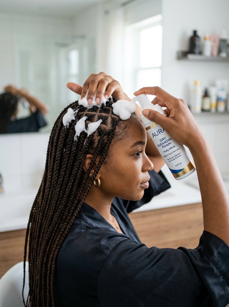 Close-up of a person with long brown braids massaging hair cleansing mousse into her scalp in a bathroom.