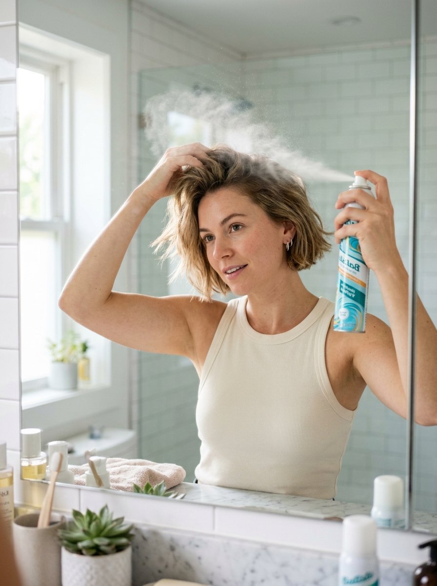 A woman looks into a bathroom mirror while misting dry shampoo into her hair roots.