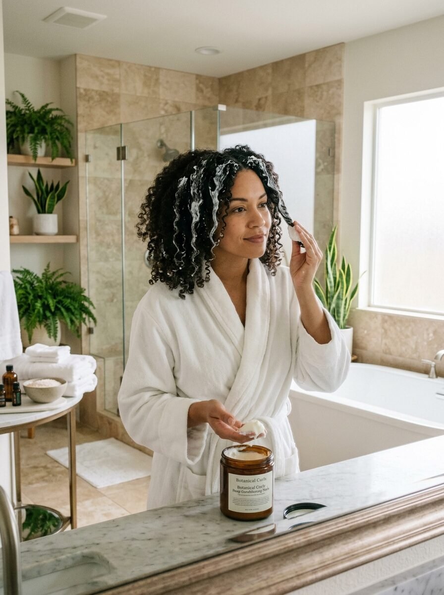 A woman wearing a white robe stands at a bathroom vanity applying a white hair treatment to her curly hair.