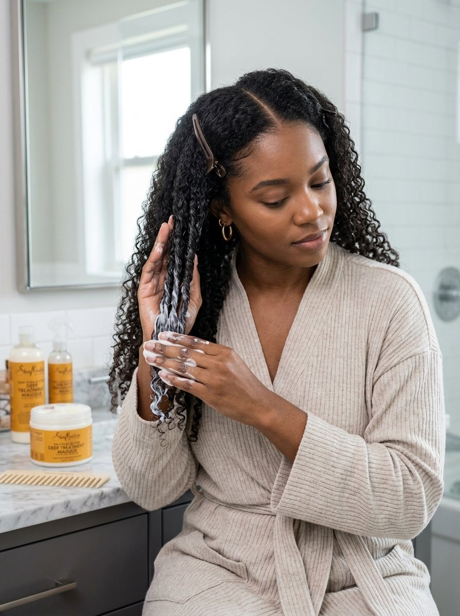 A person in a robe applying white hair mask product to their long dark curly hair in a bathroom.