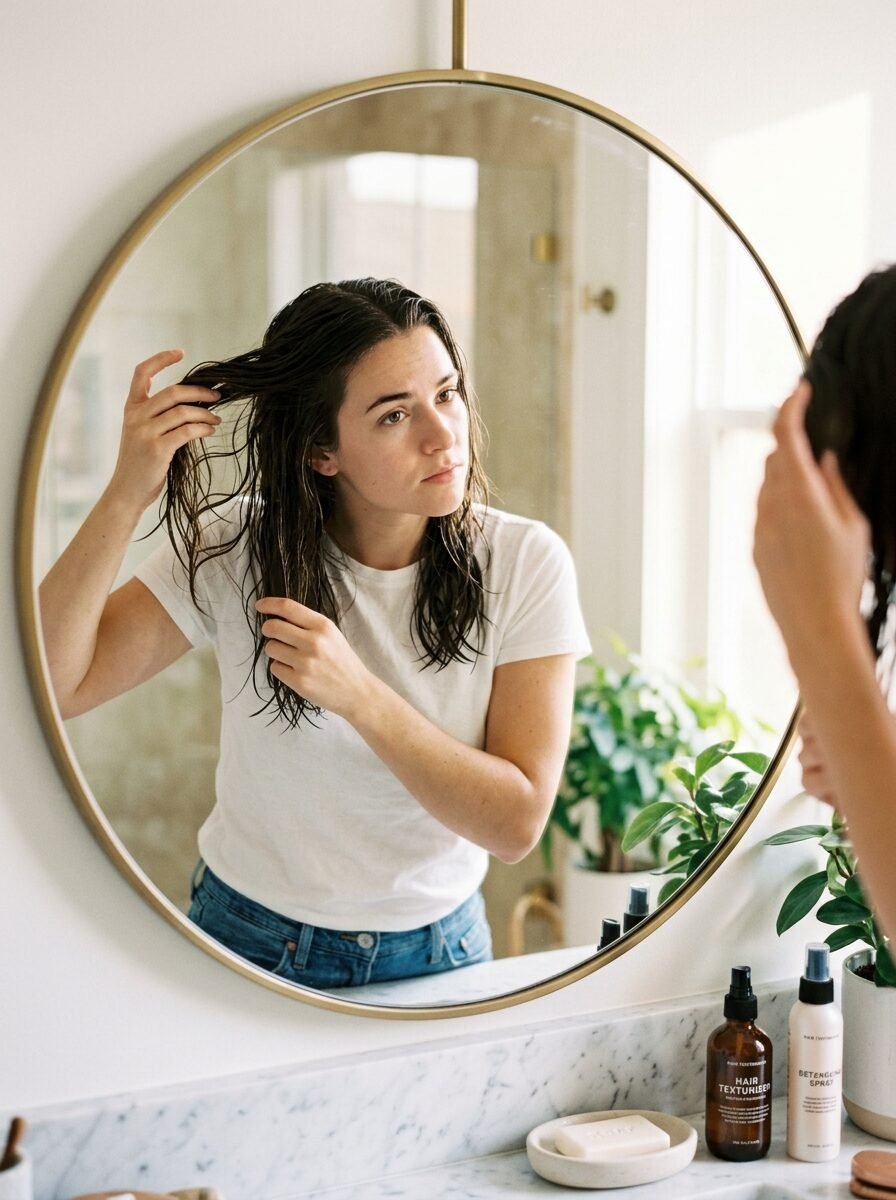 Young woman looking in a circular mirror while running hands through her wet, damp hair.