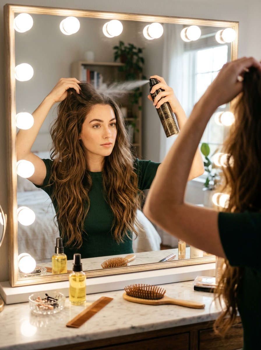 Young woman using hair spray in front of a bright vanity mirror with LED light bulbs.