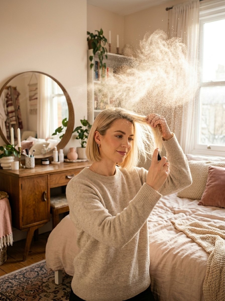 A woman in a beige sweater mists texturizing spray into her bob haircut inside a bright bedroom.