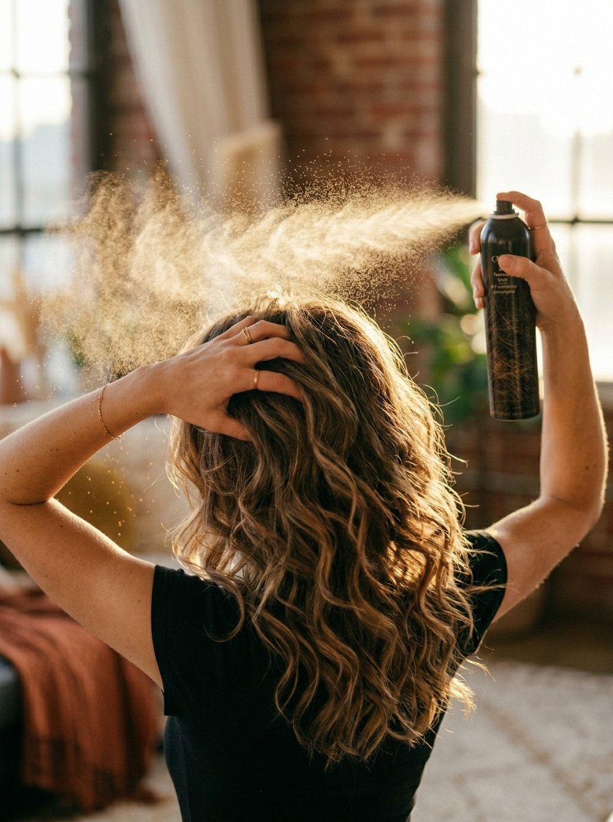 A woman sprays hairspray into her long, wavy brown hair in a bright, sunlit room.