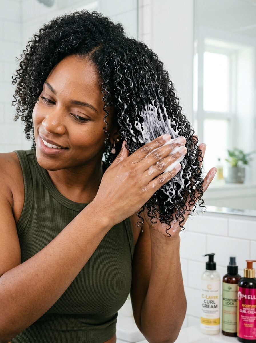Close-up of a smiling woman with tight curls working white lather into her hair in a bathroom.