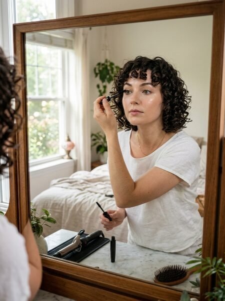A curly-haired woman in a white shirt looks into a wooden mirror to apply black mascara to her eyelashes.