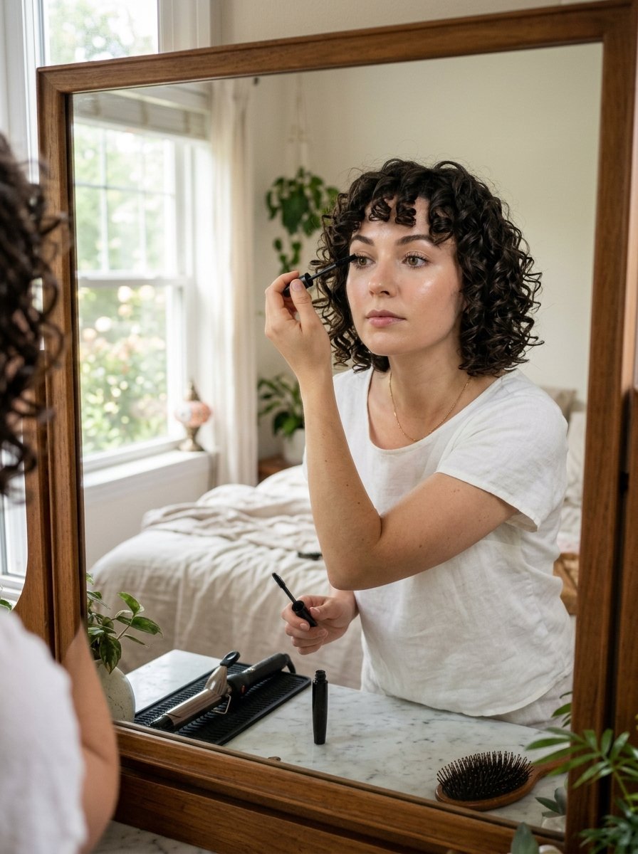 A woman with short curly hair looks into a mirror to apply mascara while standing in a bedroom.