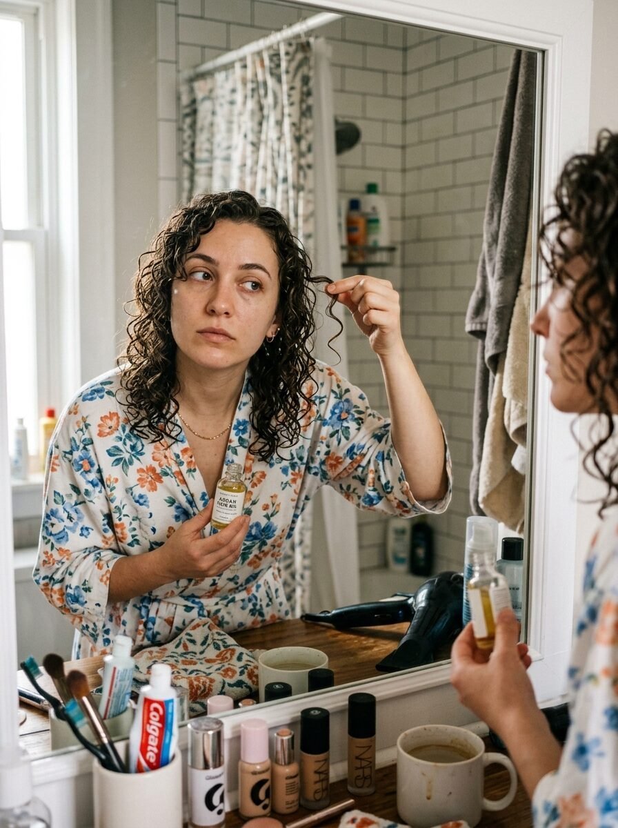 A woman in a floral robe holds argan oil while looking at her curly hair reflected in a bathroom mirror.