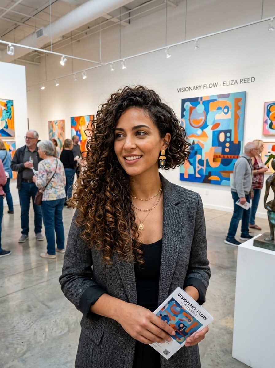 Smiling woman with long curly hair in a grey blazer standing in front of abstract paintings at an art show.