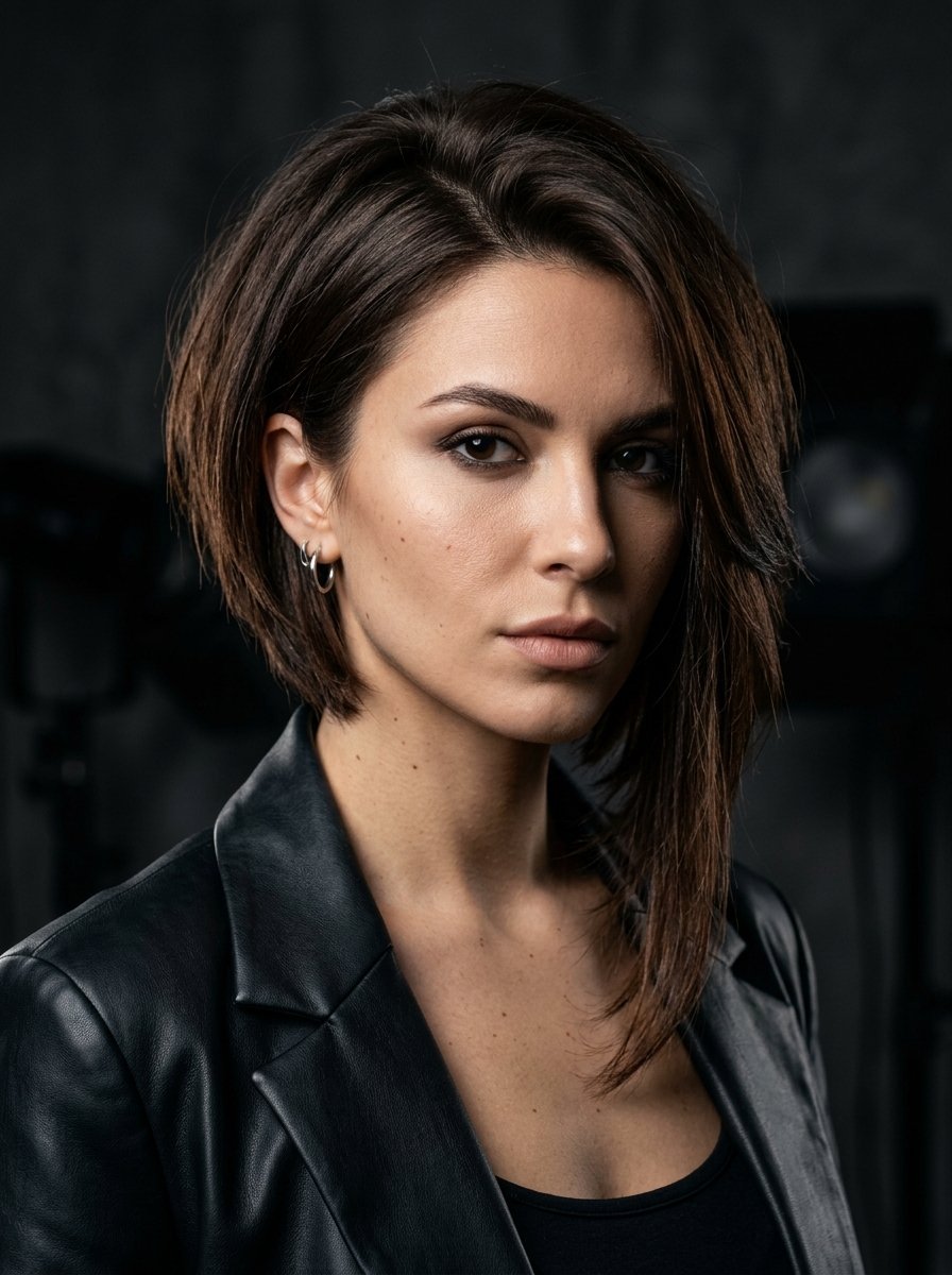 Close-up portrait of a woman with a modern layered bob and double hoop earrings wearing a black leather blazer.