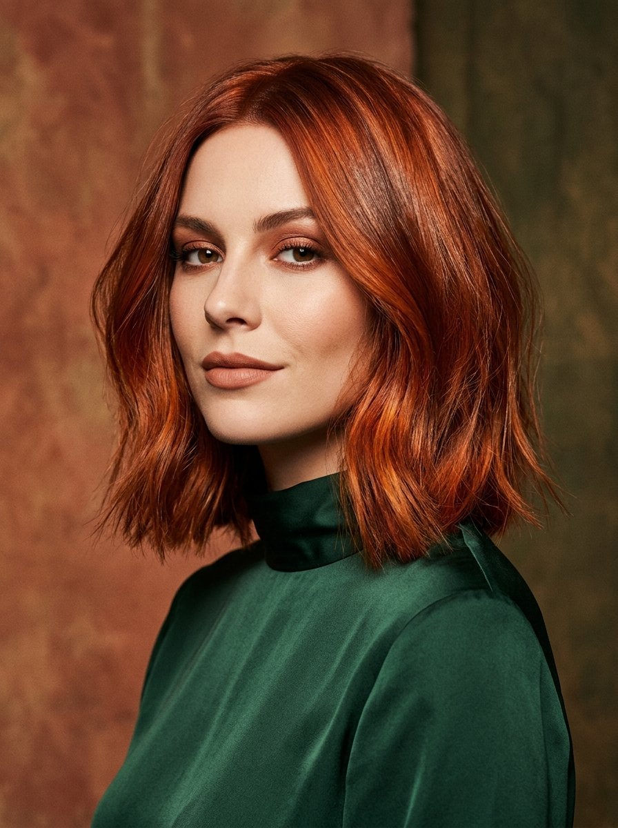 A person with shoulder-length ginger hair and a green silk high-neck top against a textured background.