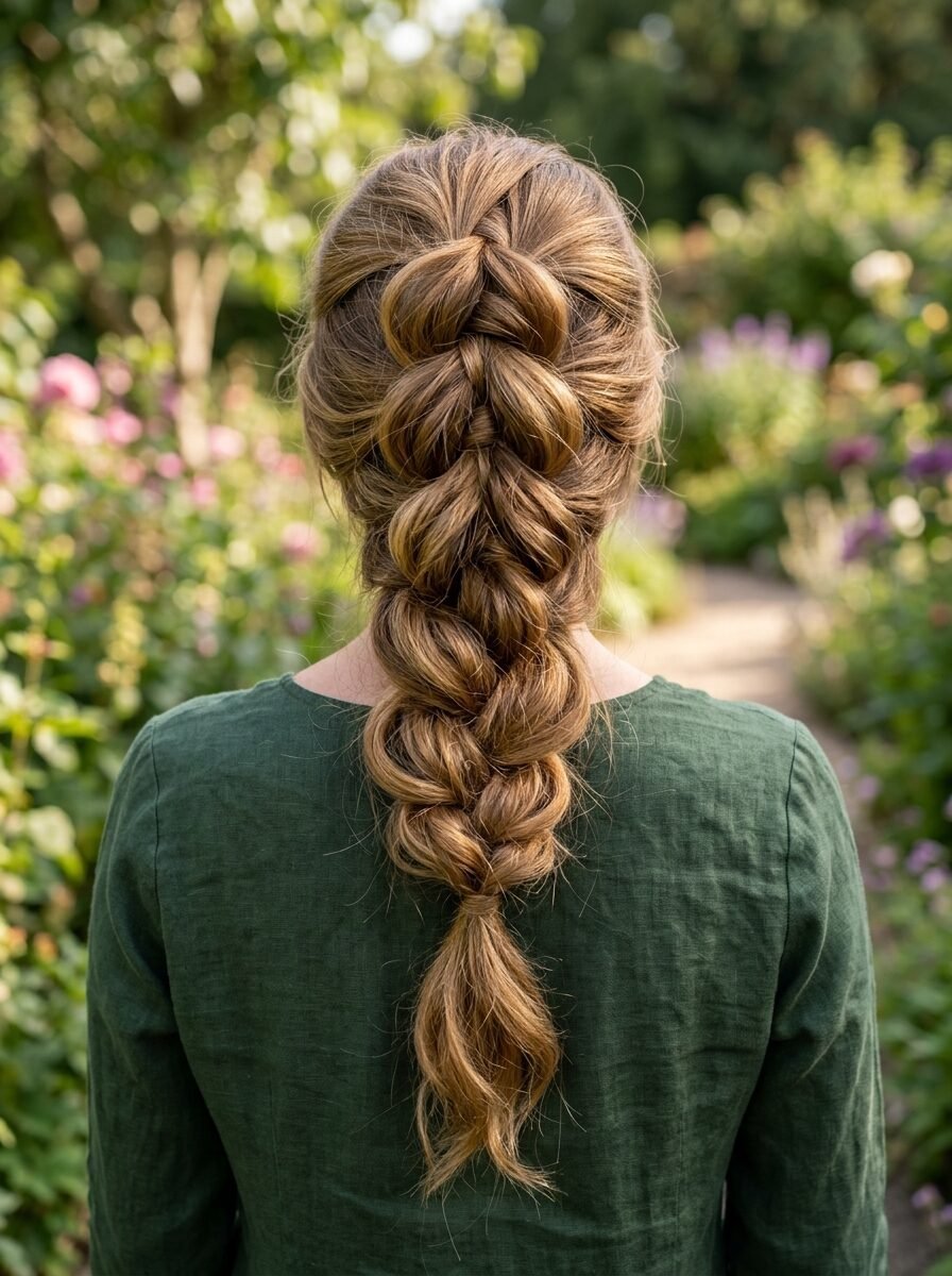 Close-up back view of a woman with long, voluminous chestnut hair styled in a decorative braided ponytail.