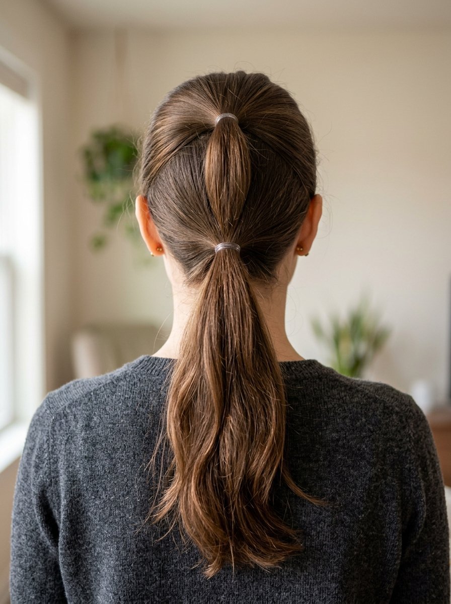 Back view of a person with long brown hair styled in a layered ponytail secured with two clear bands.
