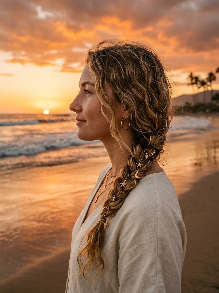 Profile view of a woman with braided hair accented with tiny golden starfish and moon charms at a golden hour beach.