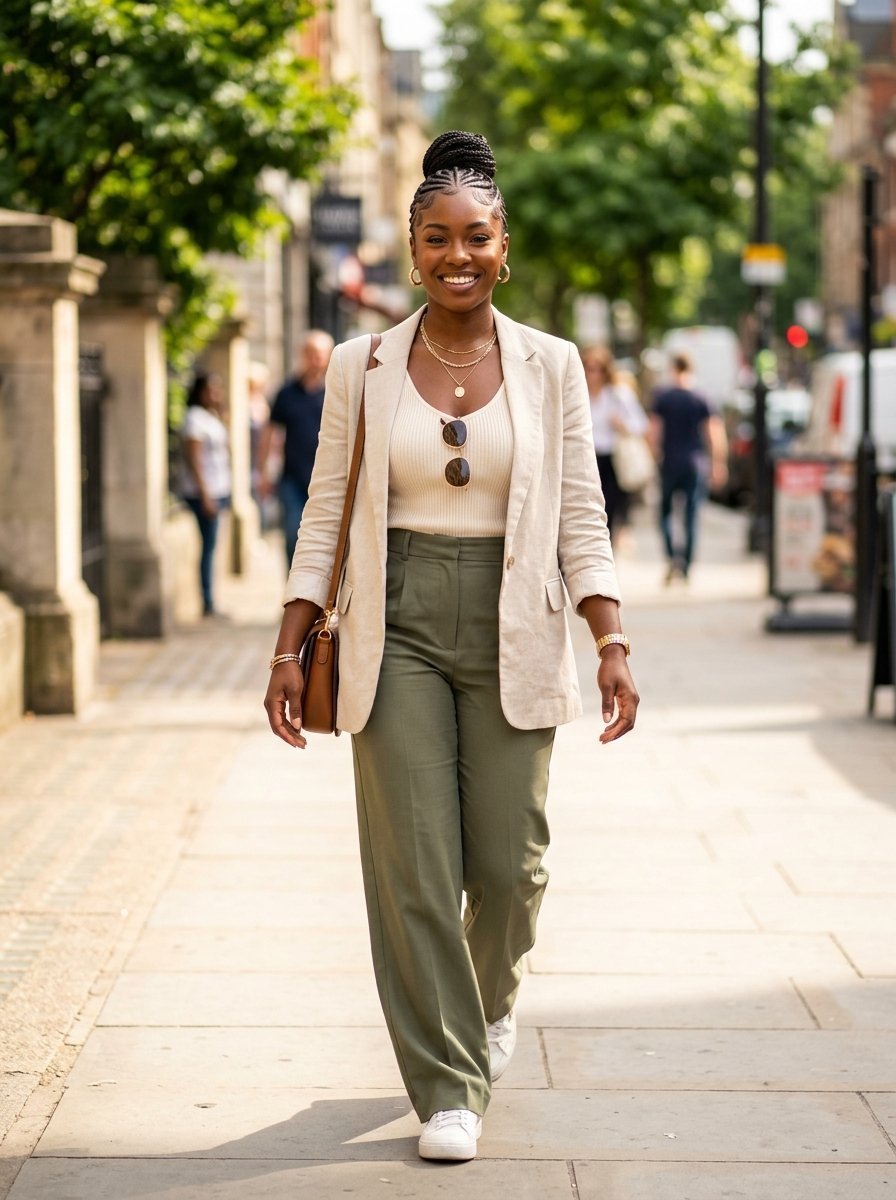 A smiling woman wearing a beige blazer and olive trousers walks on a bright urban street.