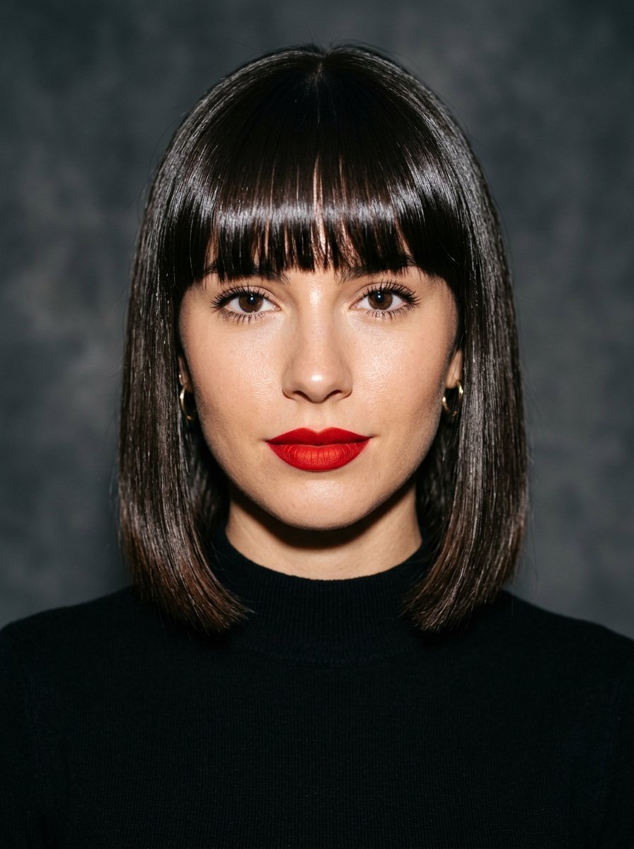 Close-up of a woman with blunt bangs, dark hair, and bright red lipstick looking directly at the camera.