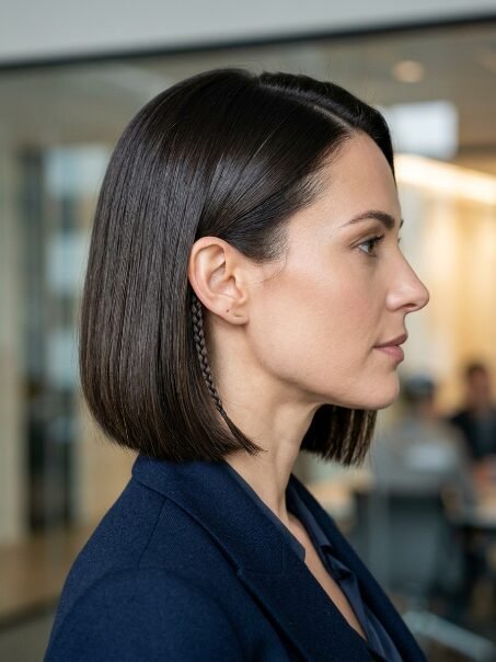 Side profile of a woman with dark hair styled in a sleek bob with a thin braid behind her ear.