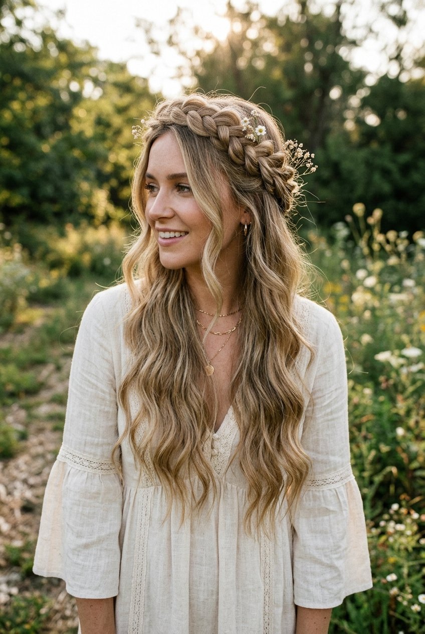 A smiling woman with a thick braided headband hairstyle adorned with tiny wildflowers in a meadow.