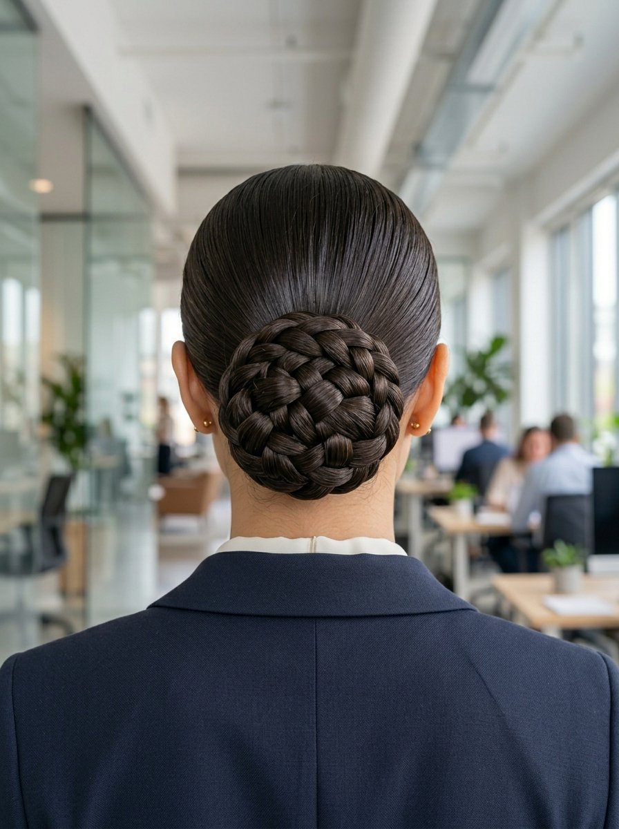 Back view of a woman in a suit wearing her dark hair styled in a tight, woven circular braid bun.
