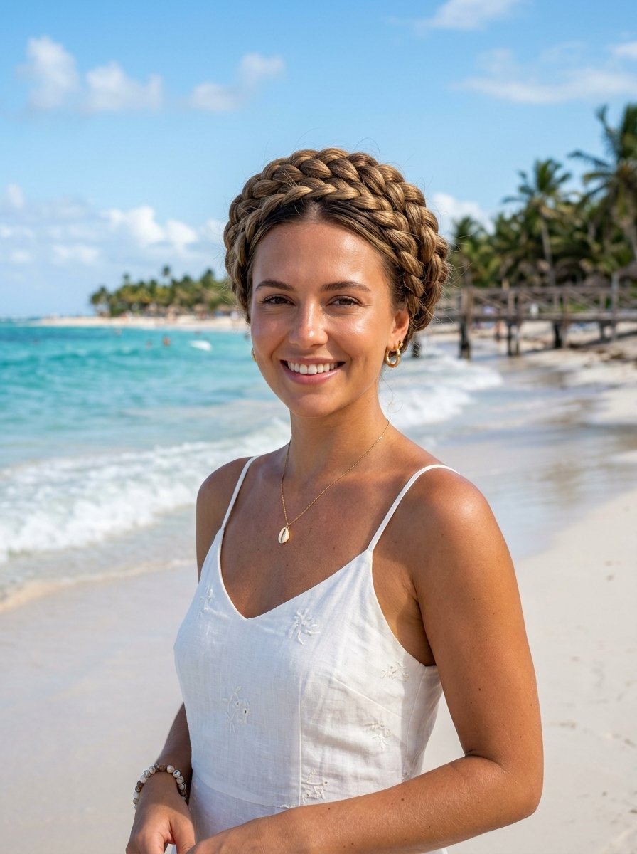 Portrait of a smiling woman wearing a thick braided headband on a sunny tropical beach.