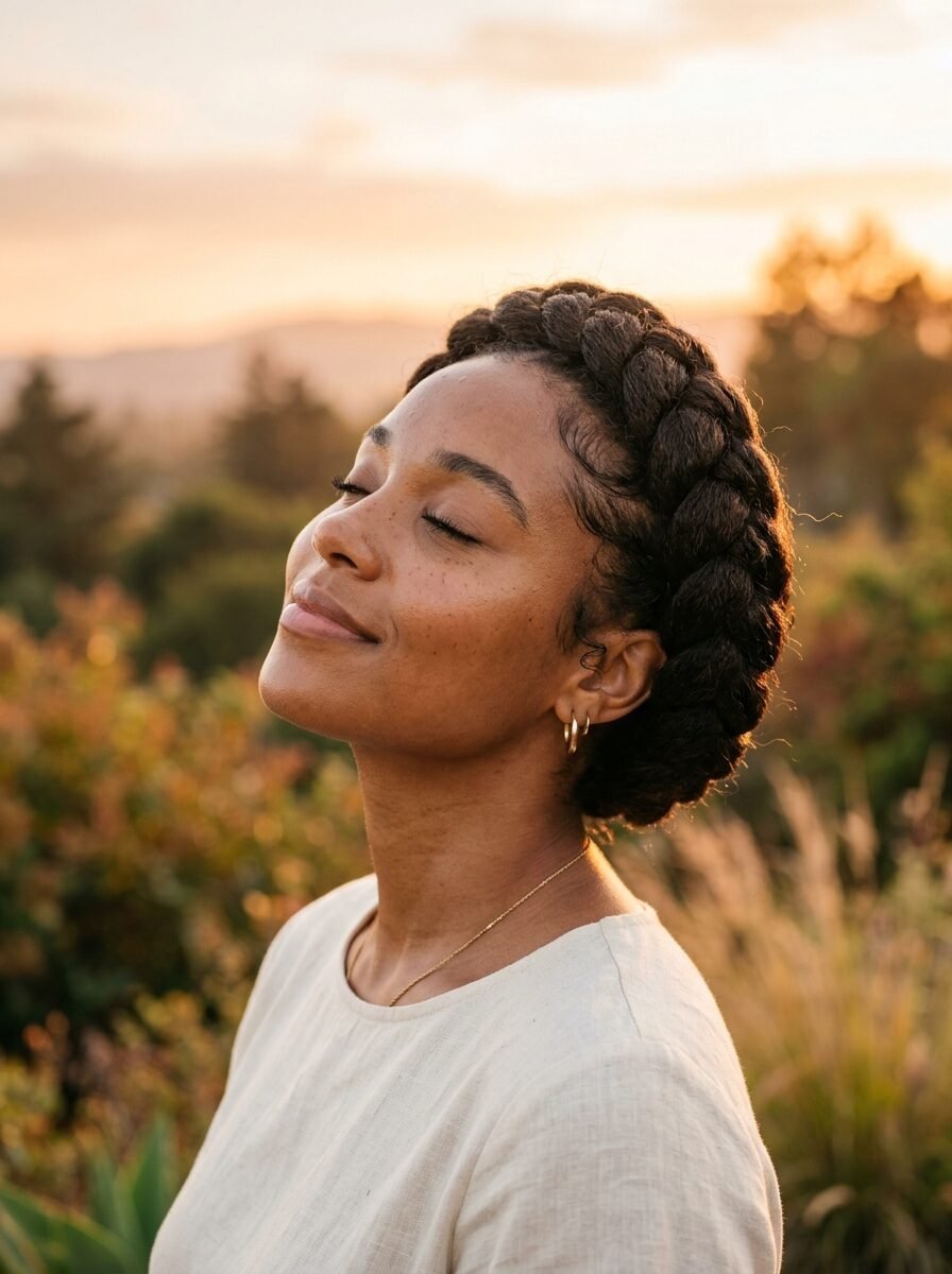 Portrait of a Black woman with a thick halo braid hairstyle standing outdoors during the golden hour.