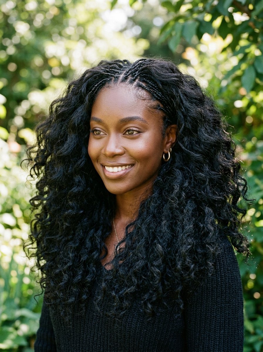 Close up portrait of a Black woman with long dark wavy hair and intricate braids against a green leafy background.