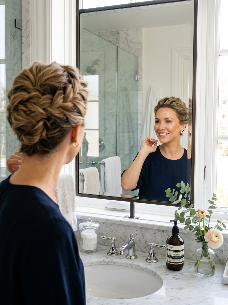 Close up of a woman with a complex braided updo looking at her reflection in a marble bathroom mirror.