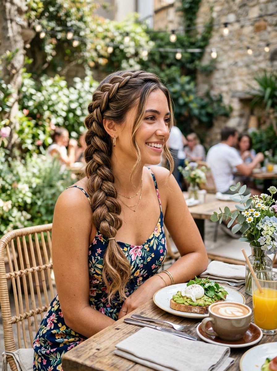Young woman with a side braid wearing a floral dress eating breakfast at a wooden patio table.