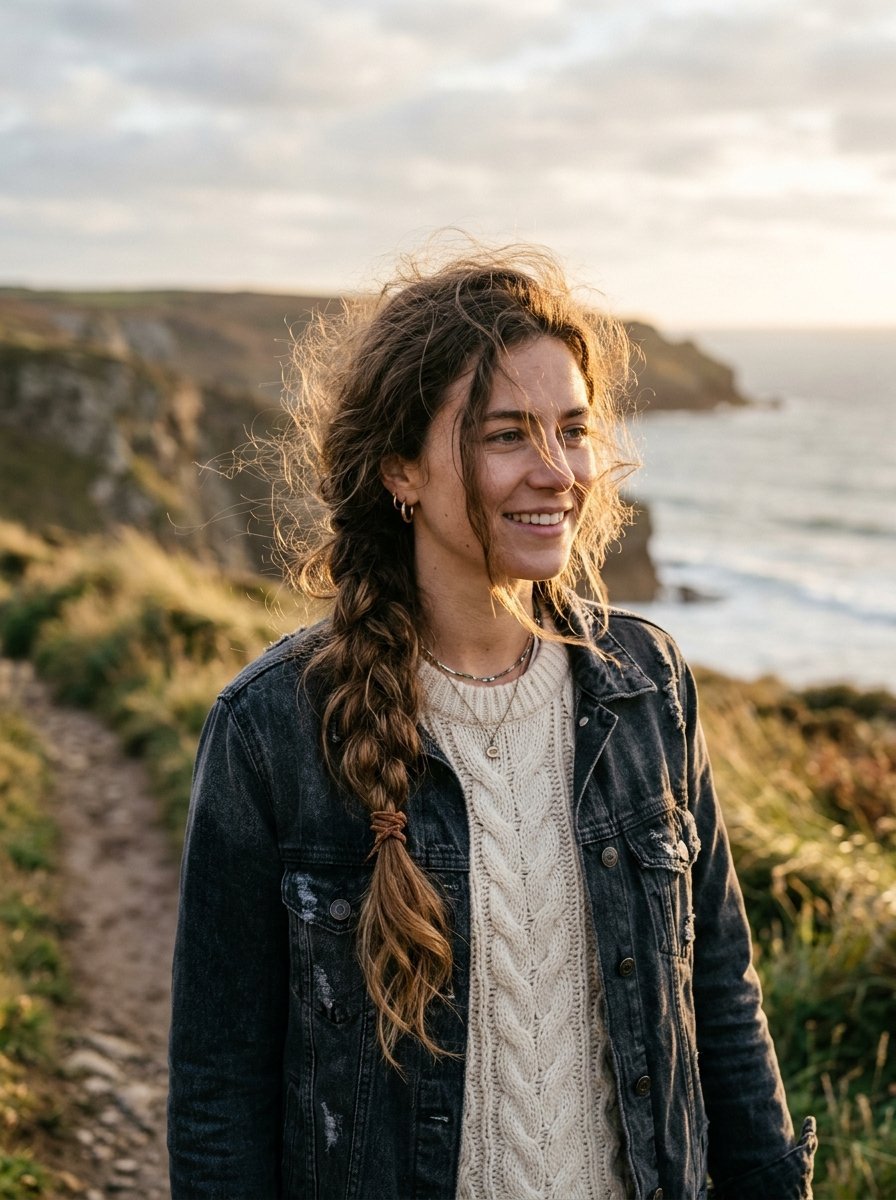 A smiling woman with wavy brown hair in a braid wearing a cable knit sweater and dark denim jacket by the seaside.