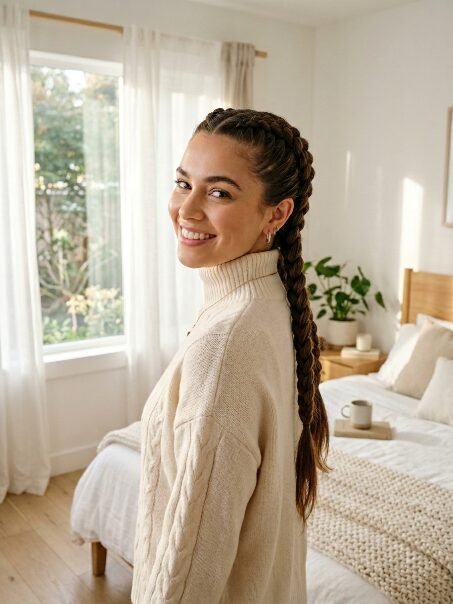 Close up of a smiling woman with dual French braids standing in a bright bedroom.