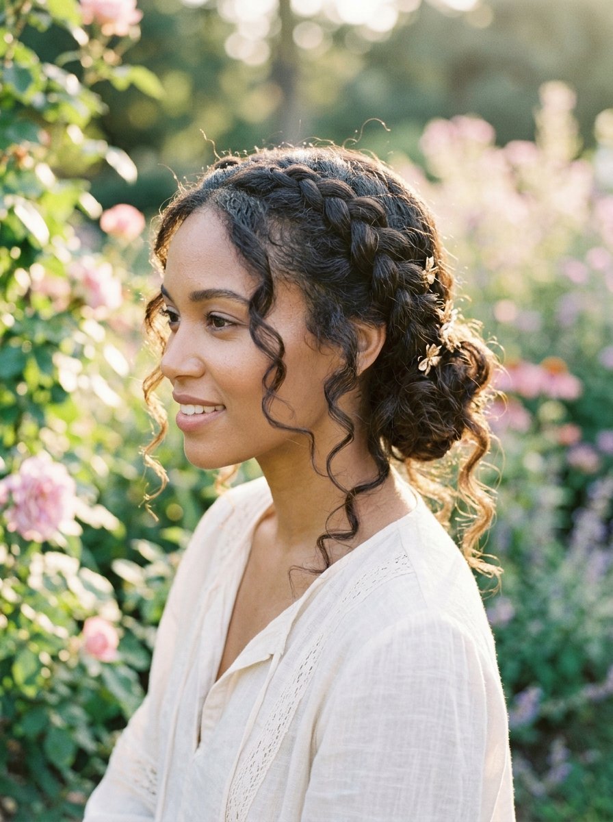 Profile view of a smiling woman with curly hair in a braided updo adorned with gold hair pins in a rose garden.