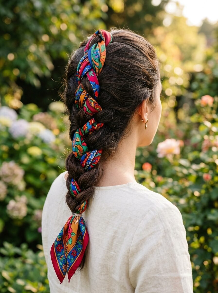Close up rear view of a woman with long dark hair styled in a braid woven with a brightly patterned floral silk scarf.
