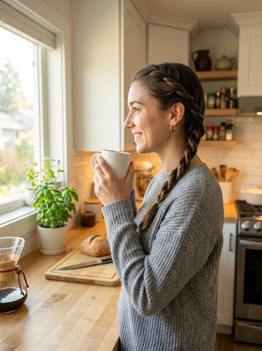 A smiling woman with a side braid stands in a bright kitchen holding a white mug while looking out the window.