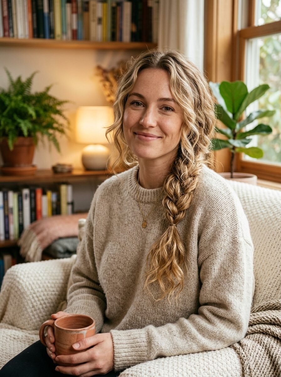 Smiling woman in a beige sweater sitting in a white chair holding a ceramic mug with a bookshelf in the background.