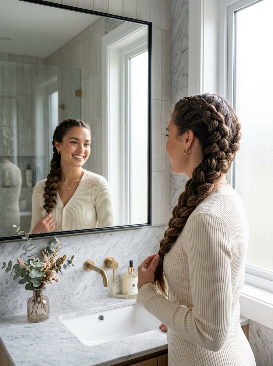 A woman in a cream sweater checking her braided hairstyle while looking into a modern marble bathroom mirror.