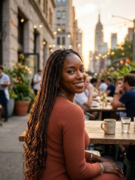 A woman with long braided hair wearing a rust-colored dress looks at the camera while sitting at an outdoor bistro.