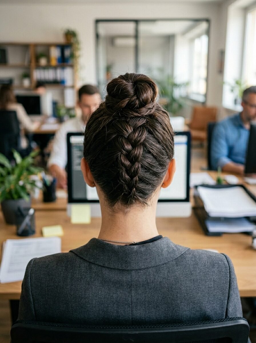 Back view of a woman with a French braid top knot hairstyle working on a computer in a professional office setting.