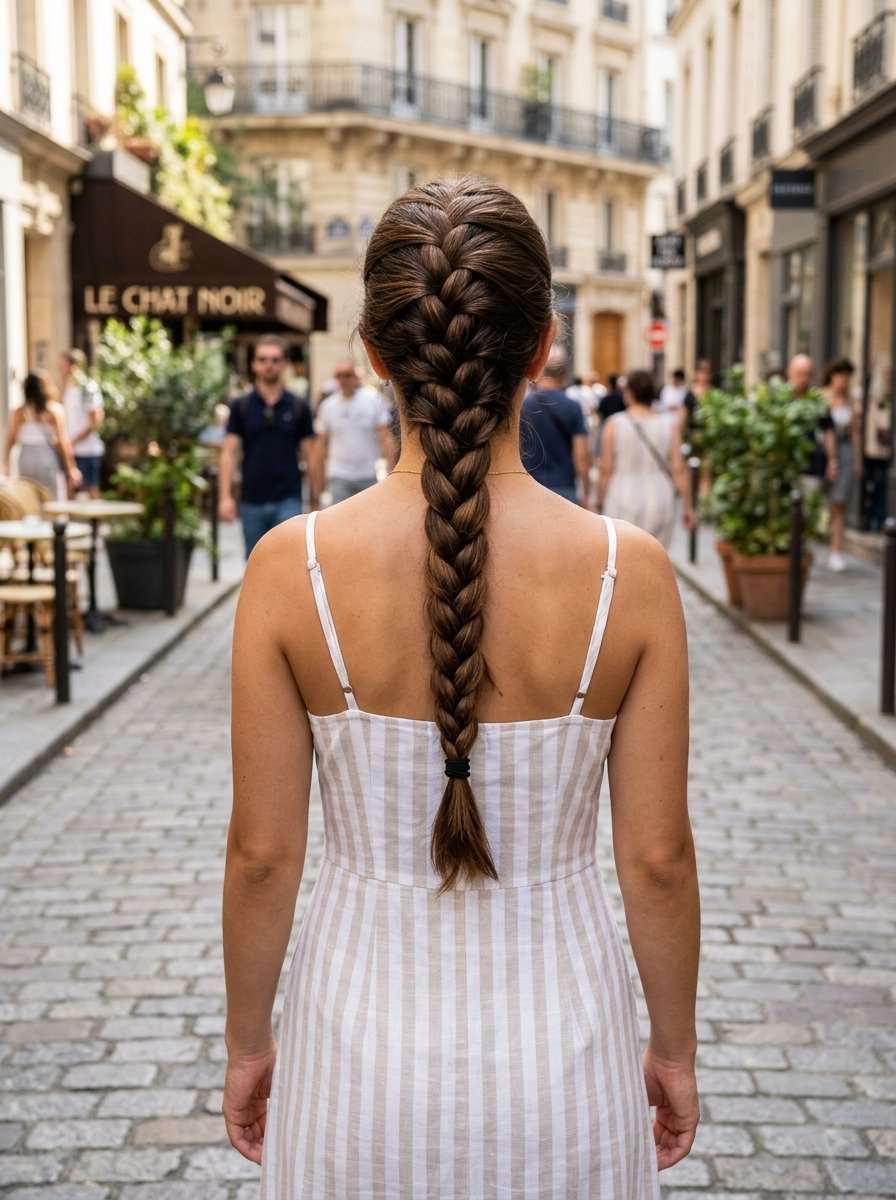 Rear view of a woman with a long braided hairstyle wearing a striped sundress on a cobblestone street in Paris.