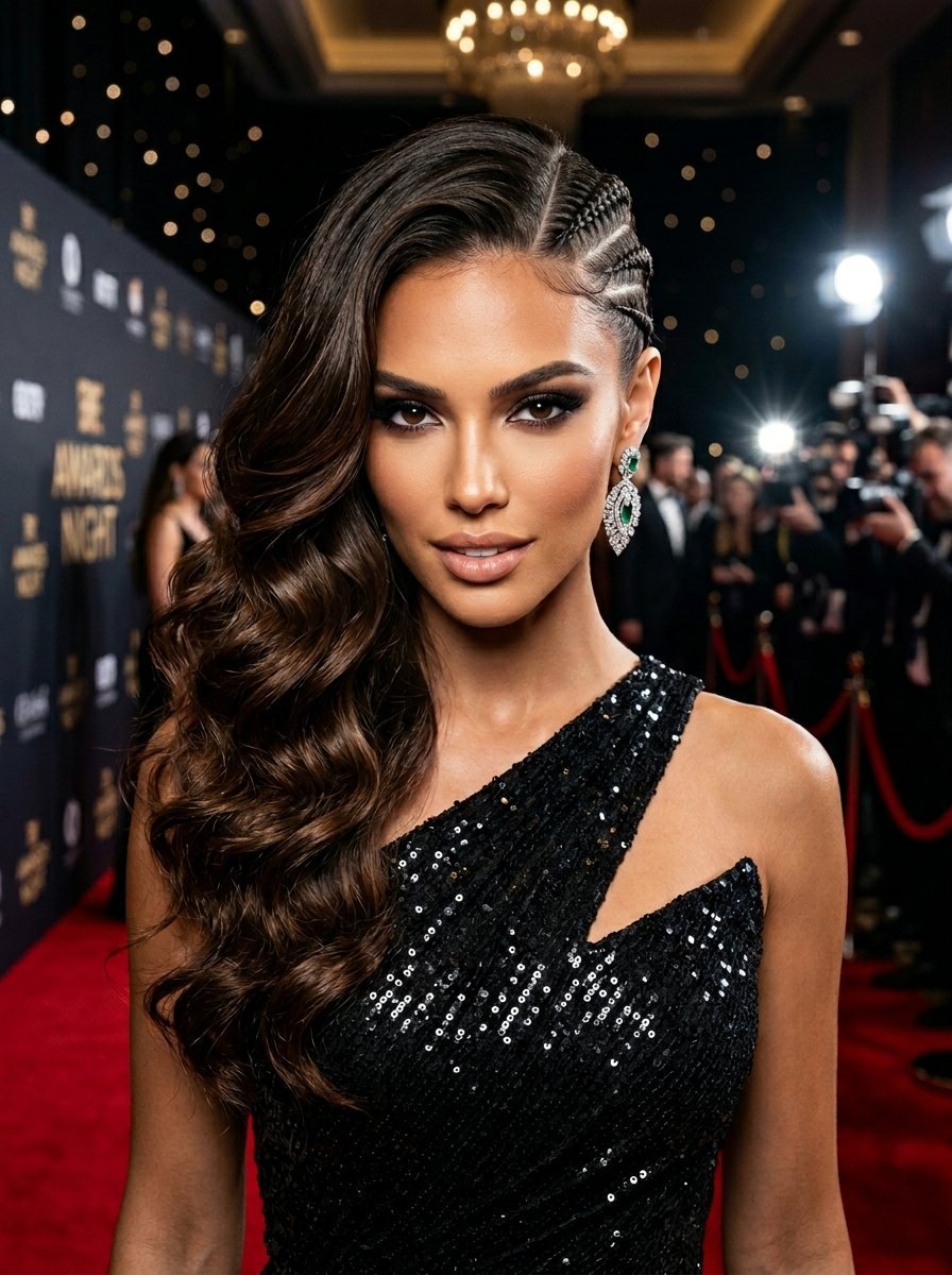 Glamorous woman with dark side-swept waves and intricate braids wearing a black sequined dress at an awards ceremony.