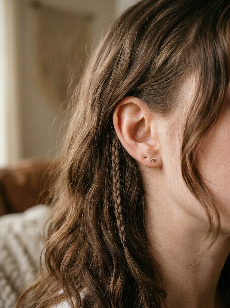 Close up of a female ear with two small gold earrings and a thin braid running alongside her wavy brown hair.