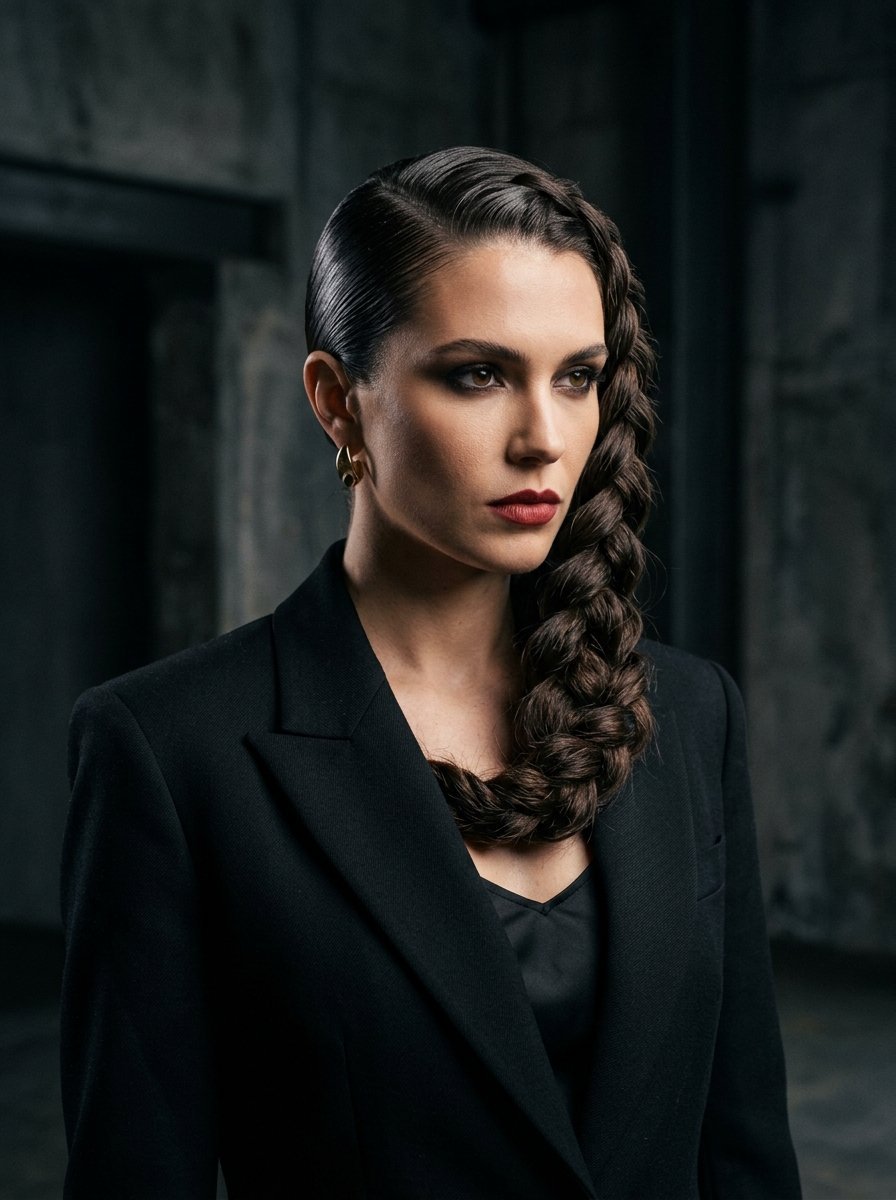 Portrait of a woman in a black suit with slicked hair and a thick side-swept braid looking to the side.