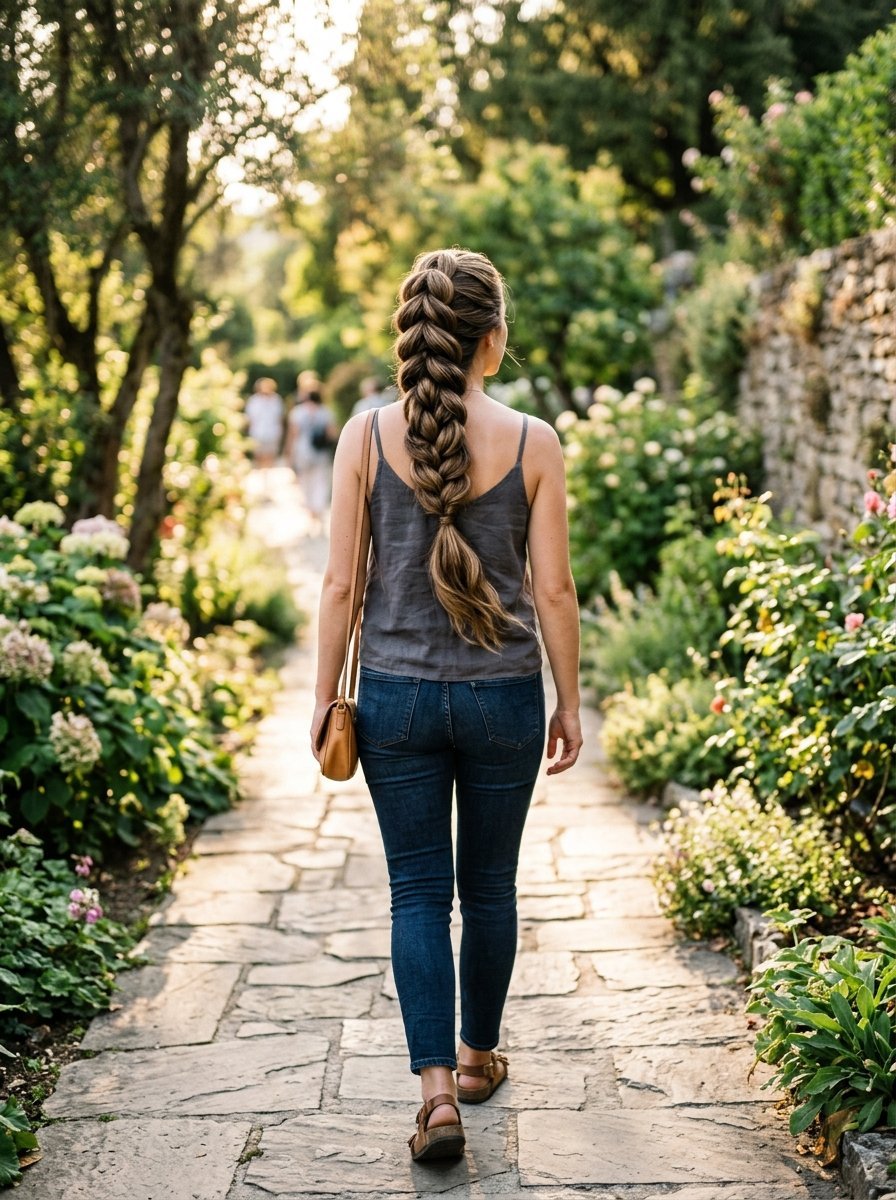 Back view of a woman with a thick, voluminous braided ponytail walking on a stone path surrounded by flowers.