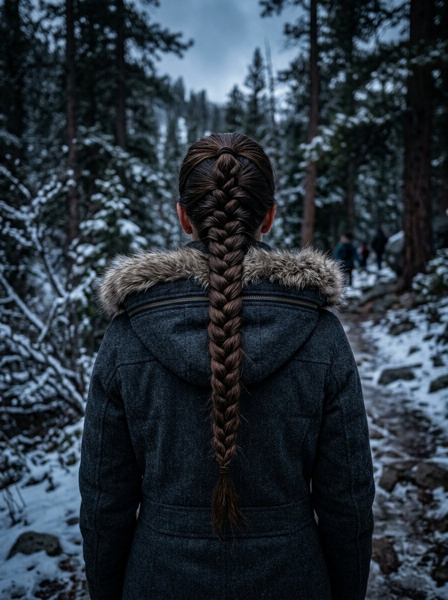Rear view of a person with a thick brown braid walking on a trail through a snowy coniferous forest.