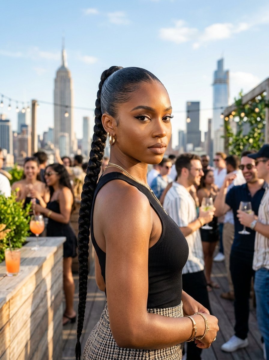 Young woman with long braided hair and black tank top standing on a sunny city rooftop terrace during a social event.