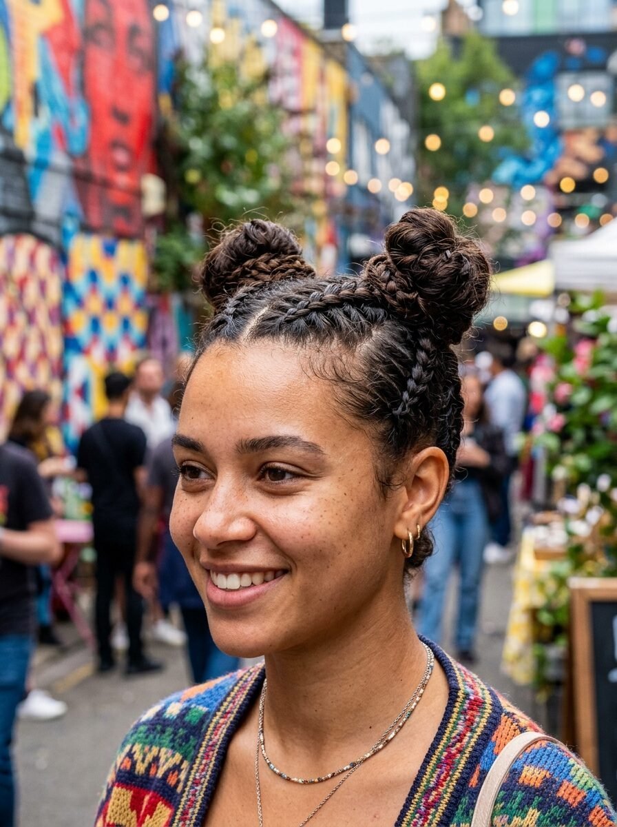 Close-up of a smiling woman with braided space buns standing on a vibrant city street.