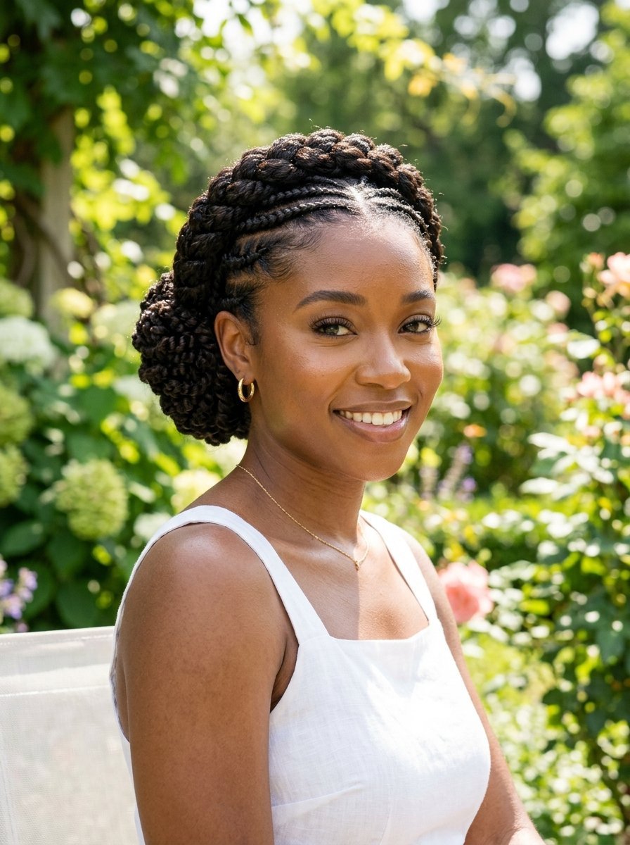 Close up of a Black woman smiling with her hair styled in an intricate crown braid updo outdoors.