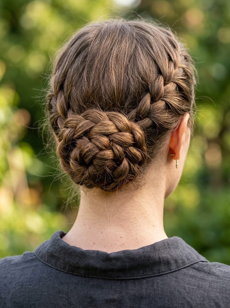 Close up rear view of a woman with brown hair styled in a decorative braided bun against a blurred garden background.